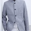 Adolfo Dominguez Blazer>Blazer Cuello Mao En Algodon Y Lino Marino Blanco