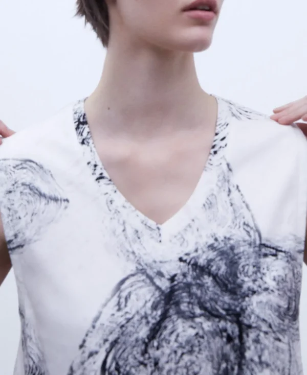 Adolfo Dominguez Camisetas>Blusa Sin Mangas Escote Pico Estampado Beige/Negro