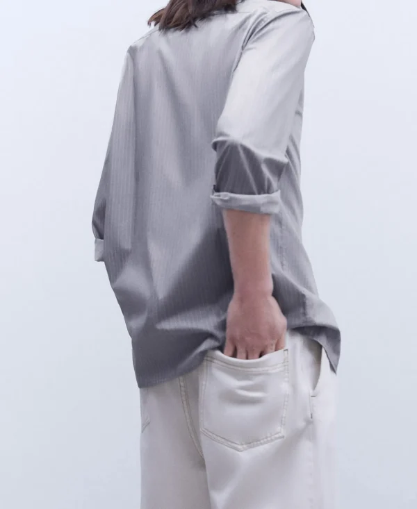 Adolfo Dominguez Camisas>Camisa Cuello Mao En Algodon Gris/Blanco