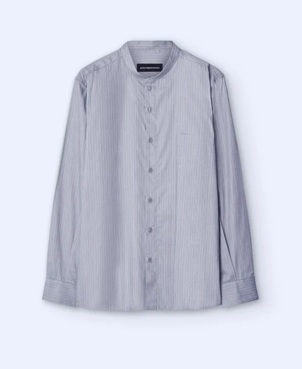 Adolfo Dominguez Camisas>Camisa Cuello Mao En Algodon Gris/Blanco