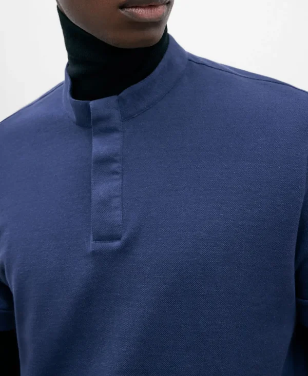 Adolfo Dominguez Camisetas Y Polos>Polo Cuello Mao En Algodon Y Lino Indigo