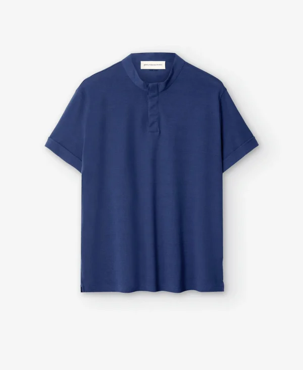 Adolfo Dominguez Camisetas Y Polos>Polo Cuello Mao En Algodon Y Lino Indigo